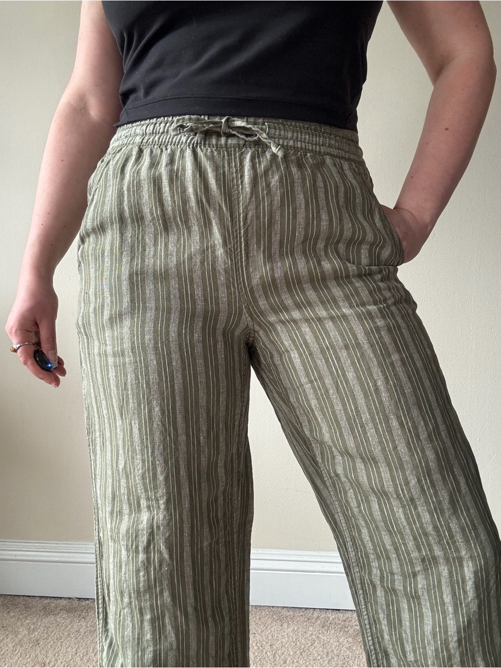 LL Bean Wide-Leg Striped Linen Pants in Olive - Picture 2 of 8